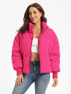 Hot Pink padded bomber jacket with ribbed cuffs and a stand-up collar.
