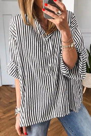 Striped Half Sleeve Button-up Shirt in Black, front view