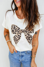 White cotton t-shirt with leopard bow graphic, crew neck, short sleeves.