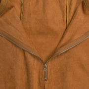 Caramel suede dress with asymmetrical neckline and zipper detail.