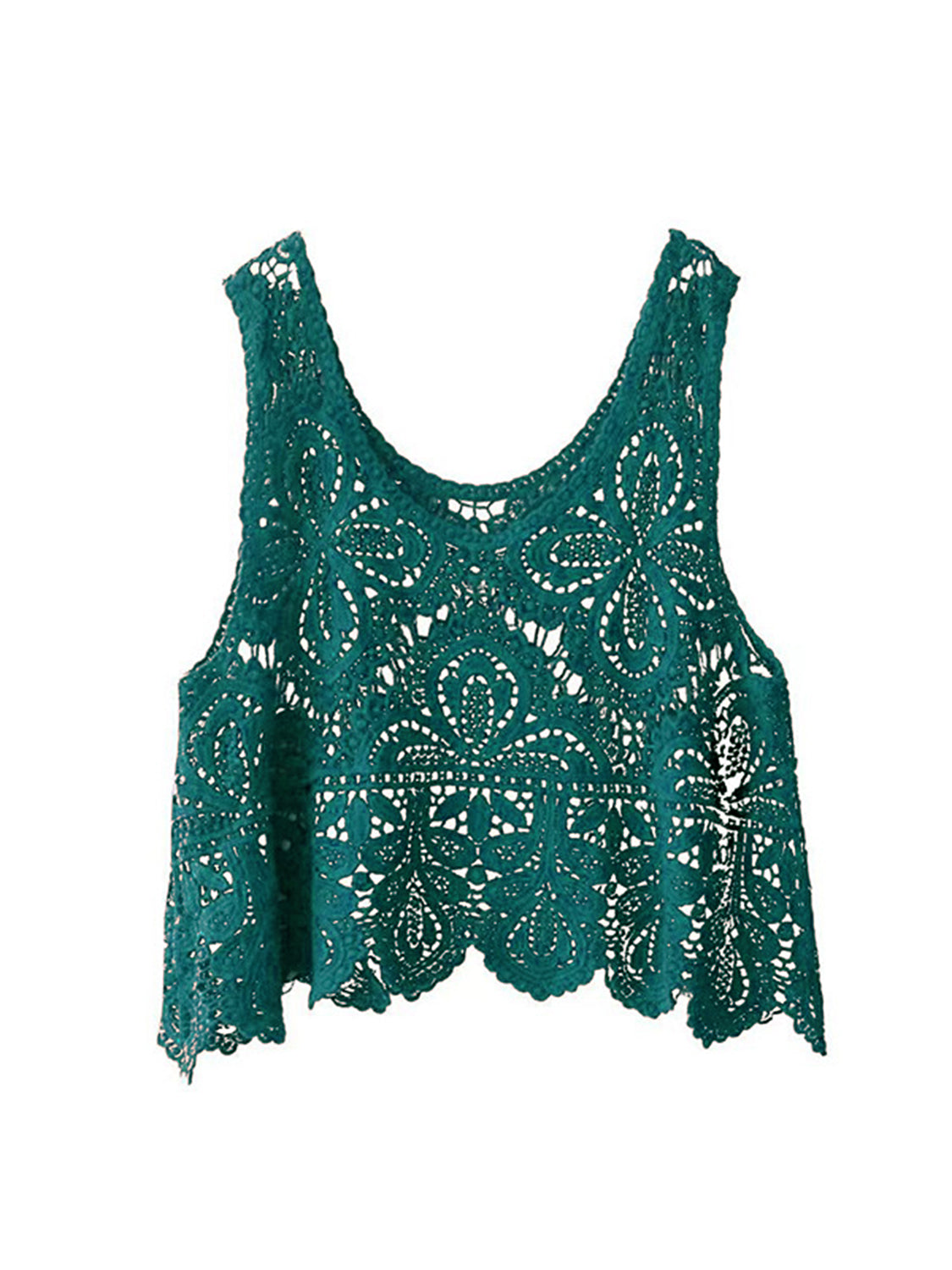 Turquoise lace overlay cropped vest with intricate floral pattern and scalloped hem.