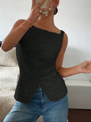Black wavy textured button-front tank top with square neckline.