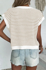 Sleeveless knit tank top in white with tan stripes, acrylic material, crew neck.