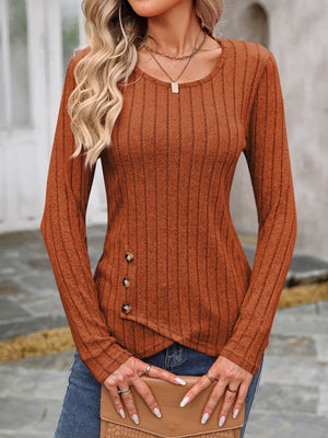Caramel ribbed knit long sleeve top with round neck and button detail