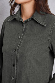 Dark gray washed denim shirt with pointed collar and button front.