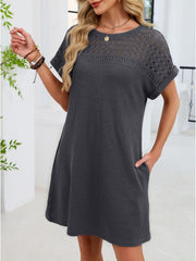 Dark Gray t-shirt dress with sheer lace yoke and short sleeves, above the knee length.