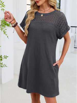 Dark Gray t-shirt dress with sheer lace yoke and short sleeves, above the knee length.