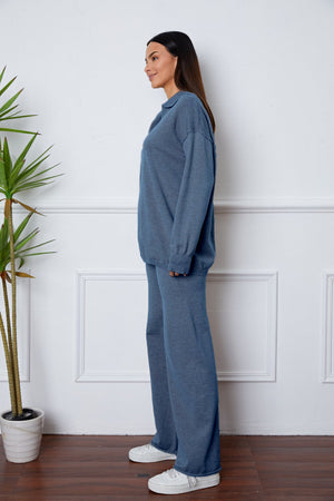 Relaxed knit polo co-ord set in French Blue, featuring a collared neckline and wide-leg pants.
