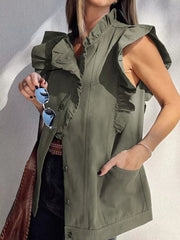 Olive green cotton ruffled denim vest with button closure and front pockets.