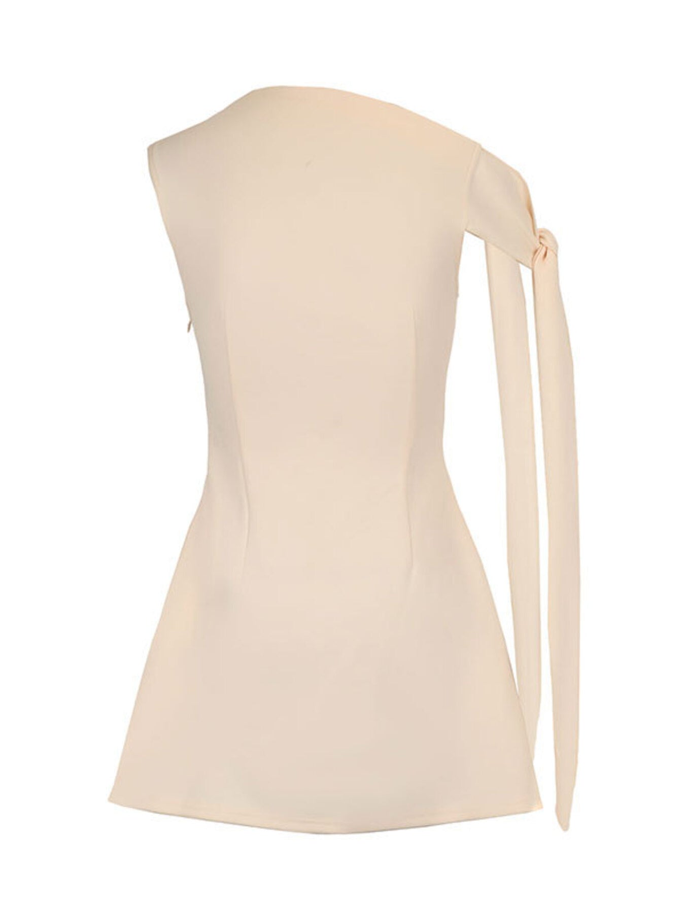 Apricot one-shoulder mini dress with asymmetrical bowknot detail and A-line cut.