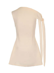 Apricot one-shoulder mini dress with asymmetrical bowknot detail and A-line cut.