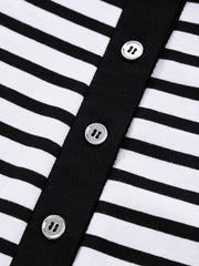 Black and white striped collared dress with button front detail