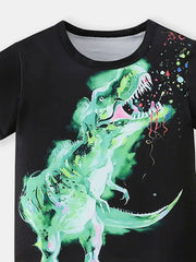 Black toddler t-shirt with a neon green dinosaur graphic and colorful splatter detail.