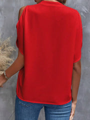 Deep Red open-shoulder blouse with mandarin collar and short sleeves.