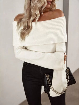 White off-shoulder ribbed knit sweater with wide sleeves