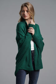 Dark Green Cocoon Knit Sleeve Cardigan with textured sleeves and ribbed cuffs.