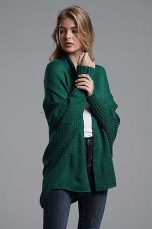 Dark Green Cocoon Knit Sleeve Cardigan with textured sleeves and ribbed cuffs.