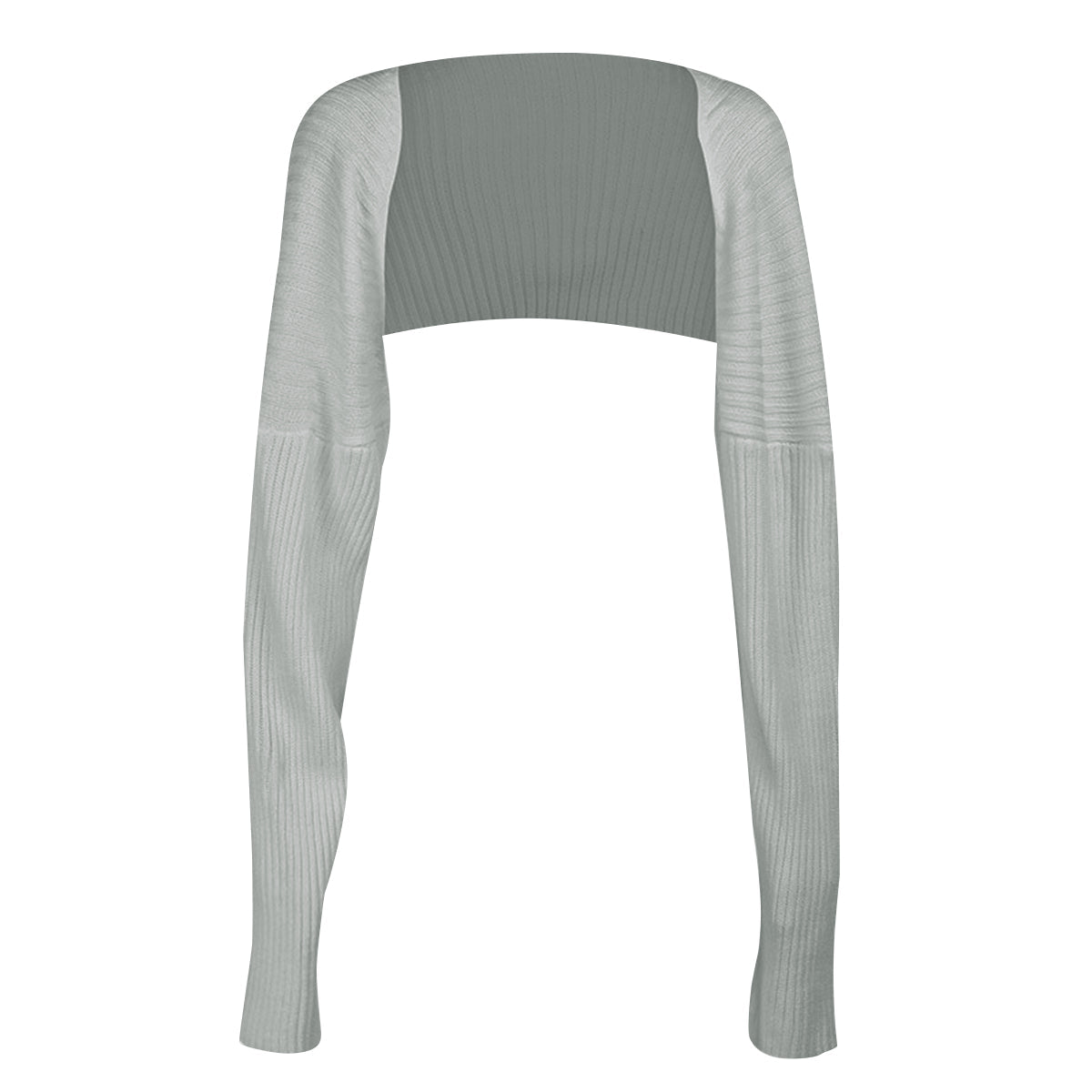 Light gray ribbed knit sleeve shrug with long sleeves and a cropped back.