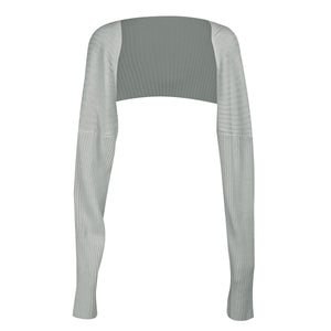 Light gray ribbed knit sleeve shrug with long sleeves and a cropped back.