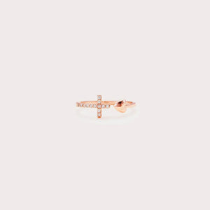Rose gold ring with pave diamond cross and heart detail