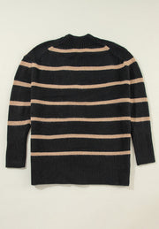 Black and beige striped acrylic cardigan with mock neck and ribbed cuffs.