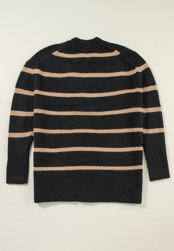 Black and beige striped acrylic cardigan with mock neck and ribbed cuffs.