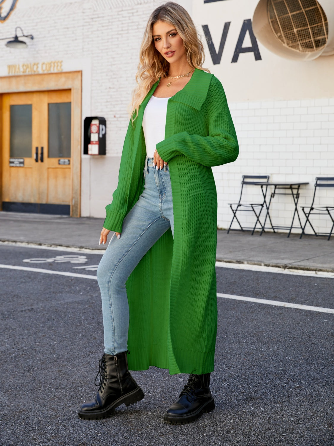 Longline knit collar cardigan in mid green acrylic with a relaxed fit.