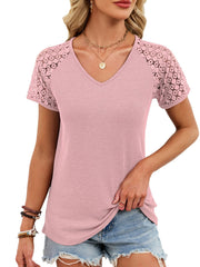 Pink waffle knit t-shirt with geometric lace short sleeves and V-neck.