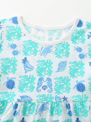 Toddler cotton dress with ocean print featuring mermaids, seahorses, turtles, fish, and coral.