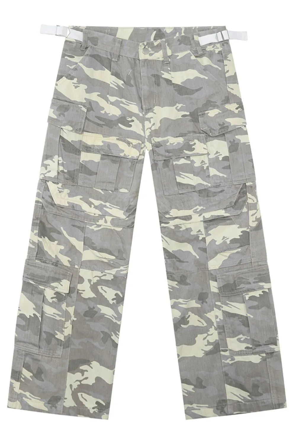 Oversized camo utility trousers in gray with multiple cargo pockets and white buckle details.