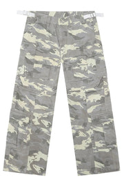 Oversized camo utility trousers in gray with multiple cargo pockets and white buckle details.