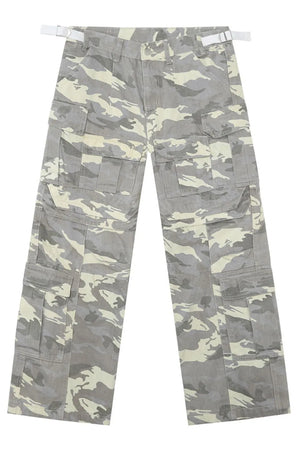 Oversized camo utility trousers in gray with multiple cargo pockets and white buckle details.
