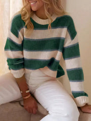 Vibrant striped knit sweater in army green or burnt coral, relaxed fit acrylic