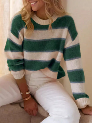Vibrant striped knit sweater in army green or burnt coral, relaxed fit acrylic