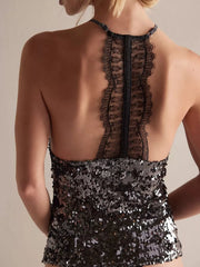 Black sequin halter cami with lace trim detail on back.
