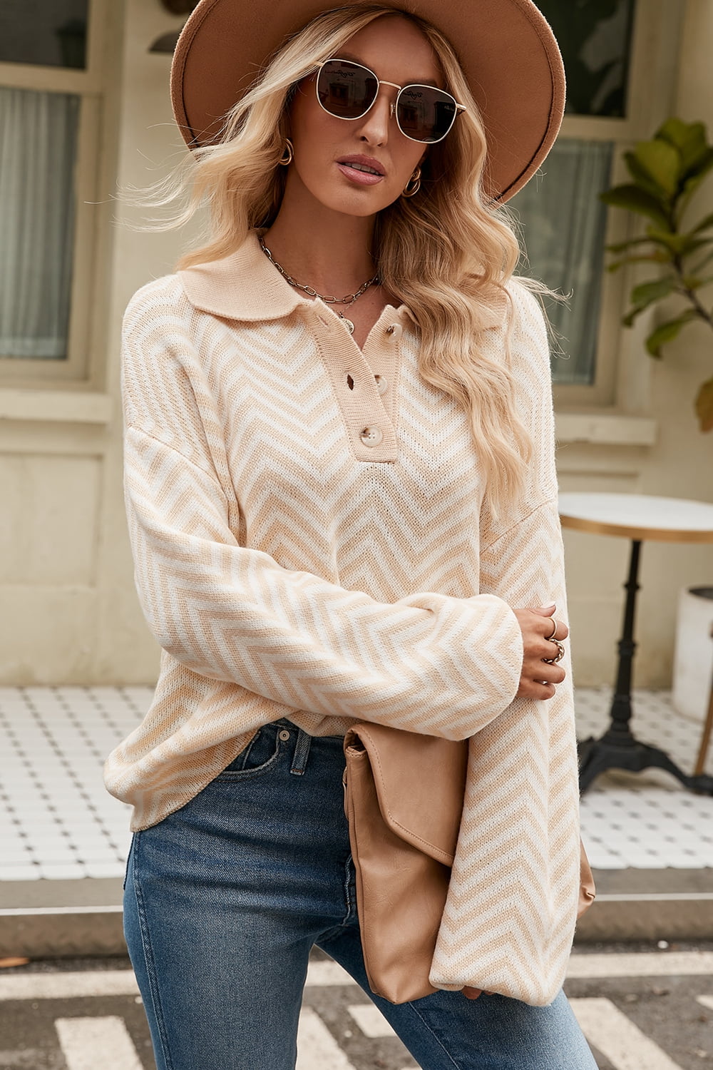 Chevron knit polo sweater in tan with button detail and spread collar.