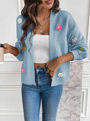 Light Blue embroidered blossom open-front knit cardigan with 3D flowers.
