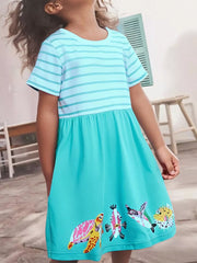 Baby girl's aqua marine striped cotton dress with embroidered sea life hem.