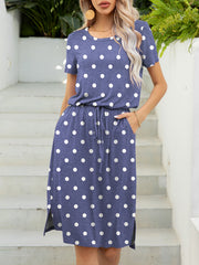 Dusty Blue Dot Midi Dress with drawstring waist and pockets.