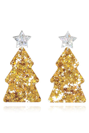 Gold star-studded Christmas tree drop earrings with silver star tops