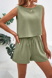 Sage textured crop top and shorts set with adjustable drawstring waist