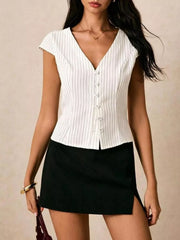 White pinstripe v-neck buttoned shirt with cap sleeves