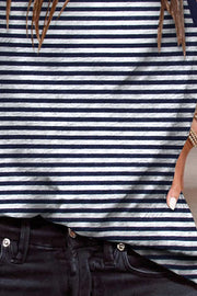 Navy and white striped tank top with contrast trim detail.