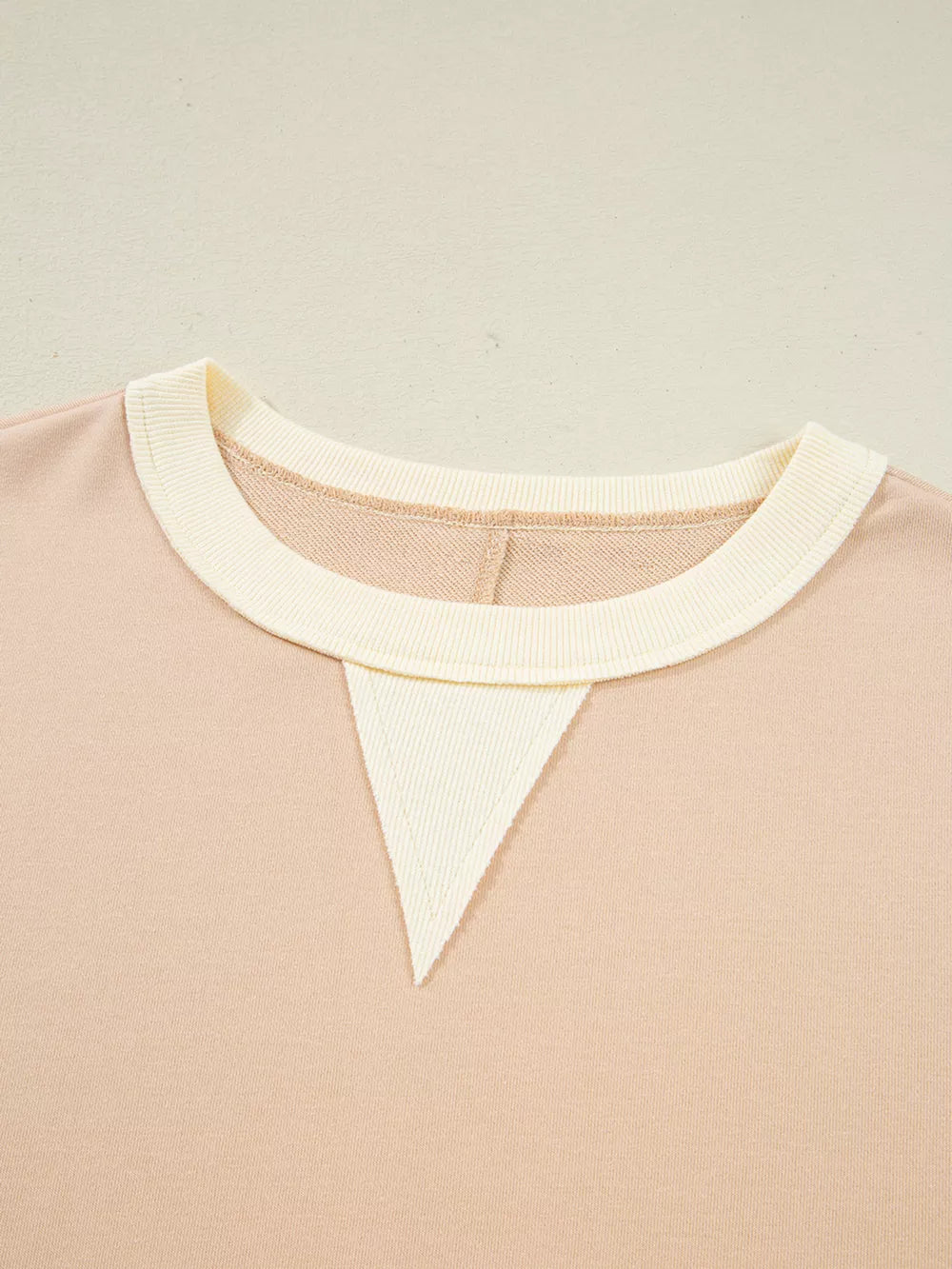 Color Block Textured Patchwork Pullover Sweatshirt in Watermelon pink, fit detail