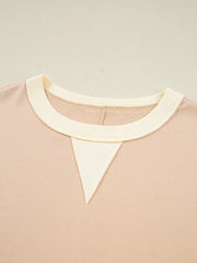Color Block Textured Patchwork Pullover Sweatshirt in Watermelon pink, fit detail
