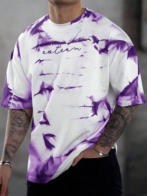 Men's oversized cotton t-shirt with abstract purple tie-dye pattern and text graphic.