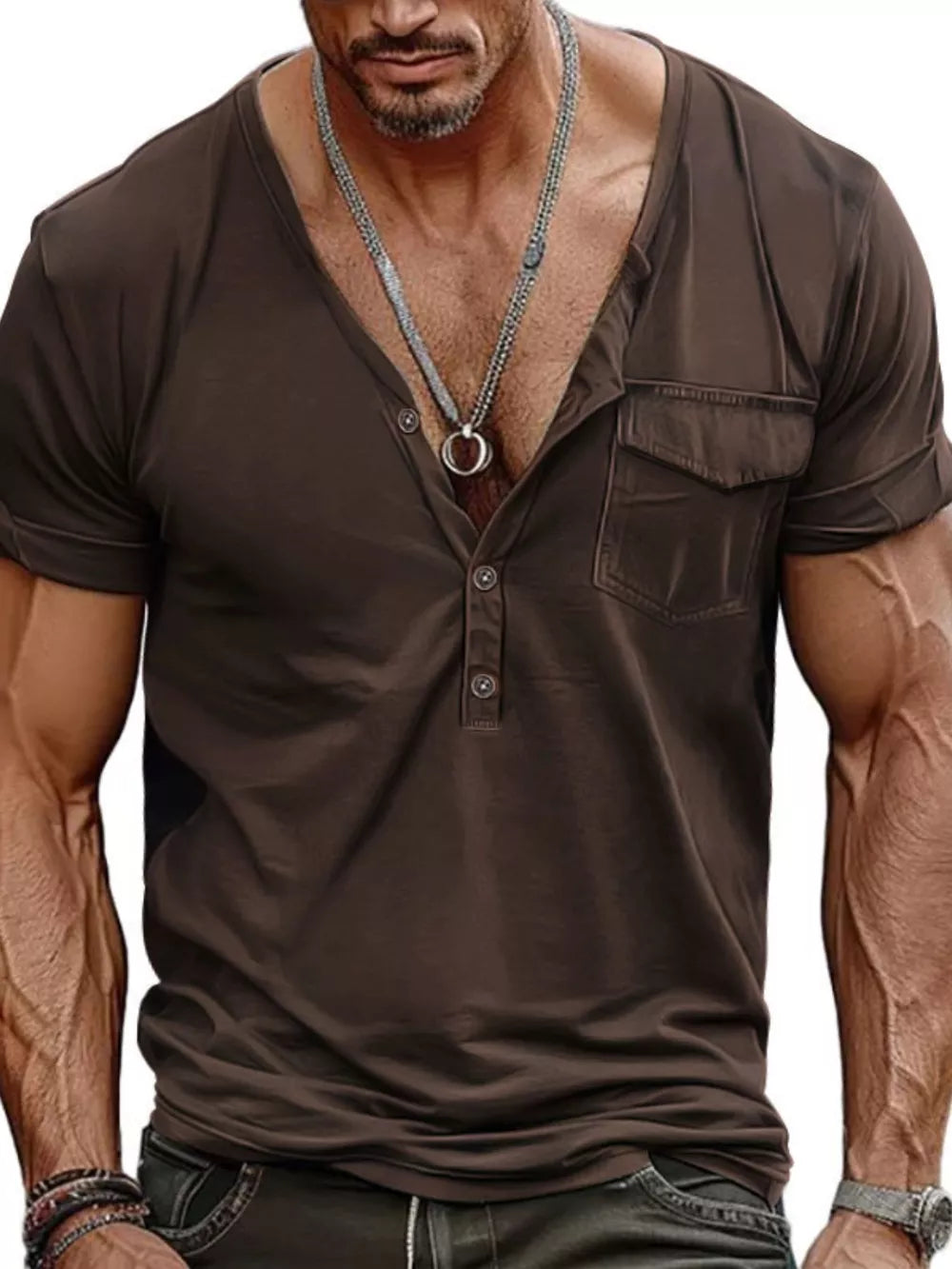 Men's brown buttoned pocket t-shirt with a deep V-neck and short sleeves.