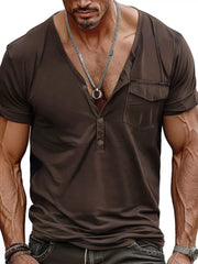 Men's brown buttoned pocket t-shirt with a deep V-neck and short sleeves.