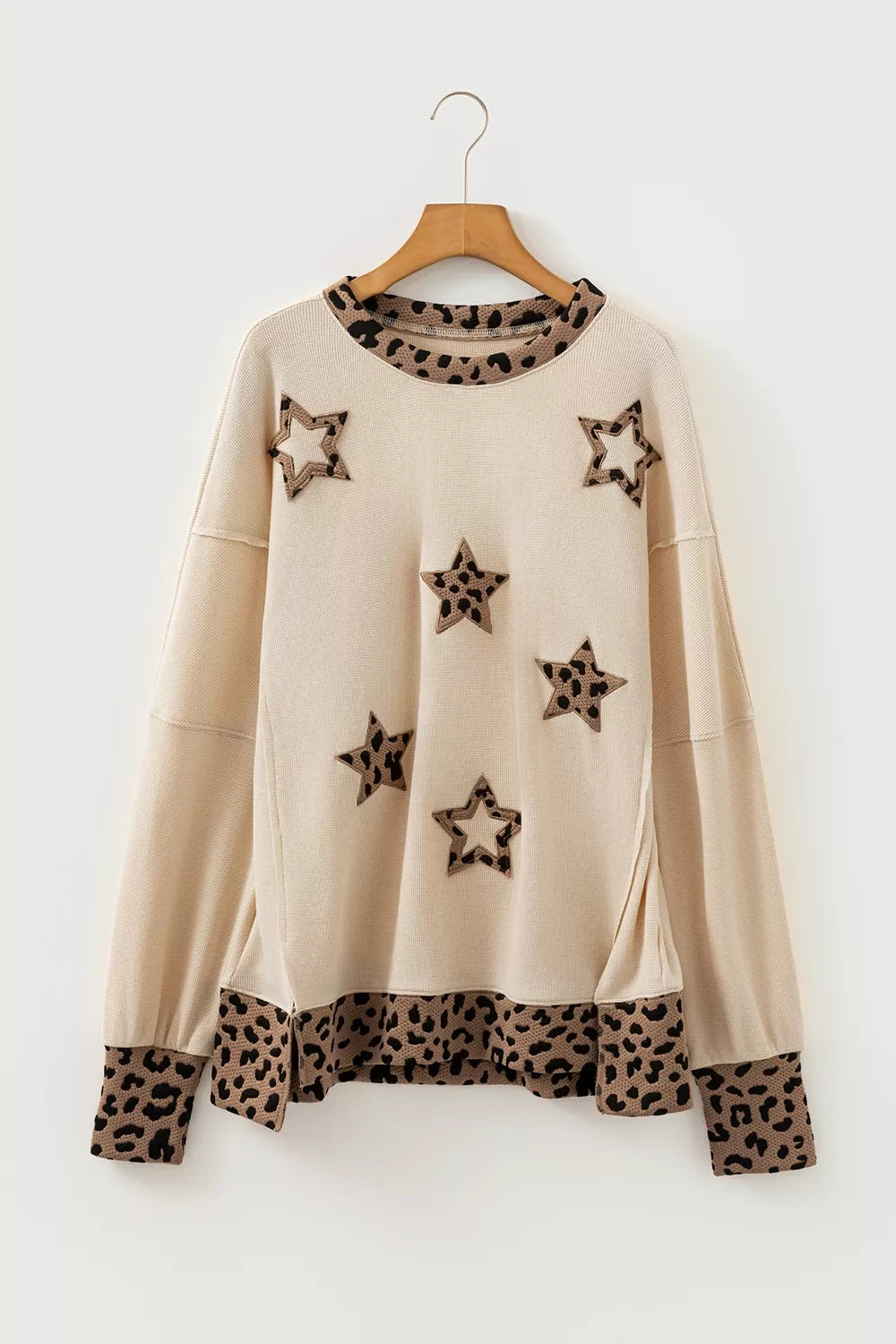 Contrast Leopard Star Patchwork Sweatshirt in Khaki, model styling view