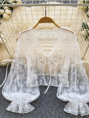 Sheer Lace Tie Front Flounce Sleeve Top in White, side view